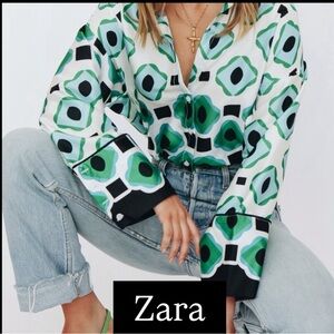 Zara Geometric Green and Black Blouse NWOT